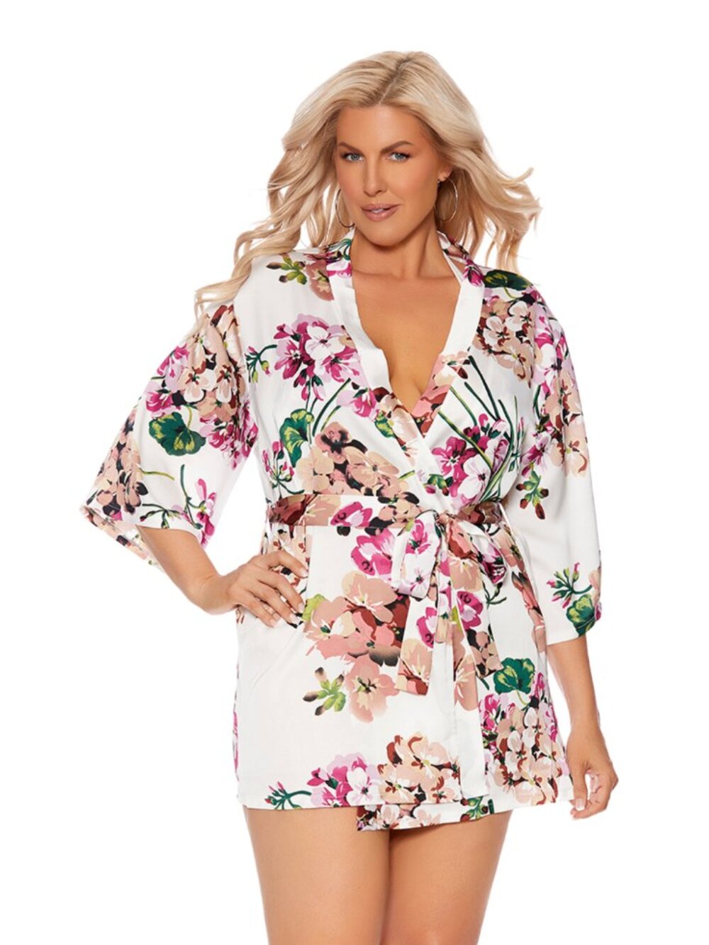 Plus Size Floral Charmeuse Kimono Robe Short Satin Lingerie Robe with Belt - Picture 3 of 10